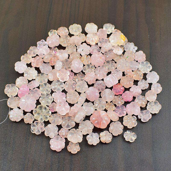 gemsmore:Amazing Natural Flower Carved Pink Rose Quartz Drilled Beads Lot