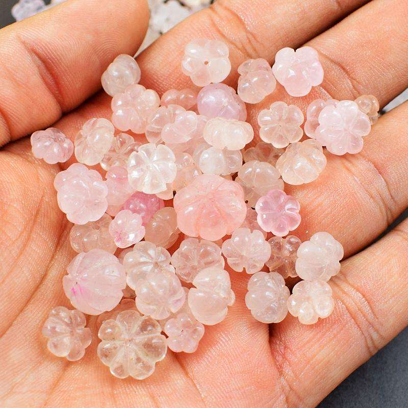 gemsmore:Amazing Natural Flower Carved Pink Rose Quartz Drilled Beads Lot