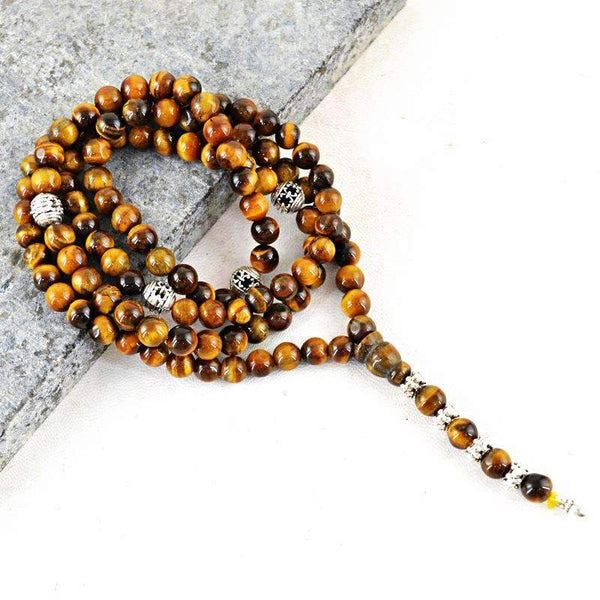 gemsmore:Amazing Natural Golden Tiger Eye 108 Round Beads Necklace Prayer Mala