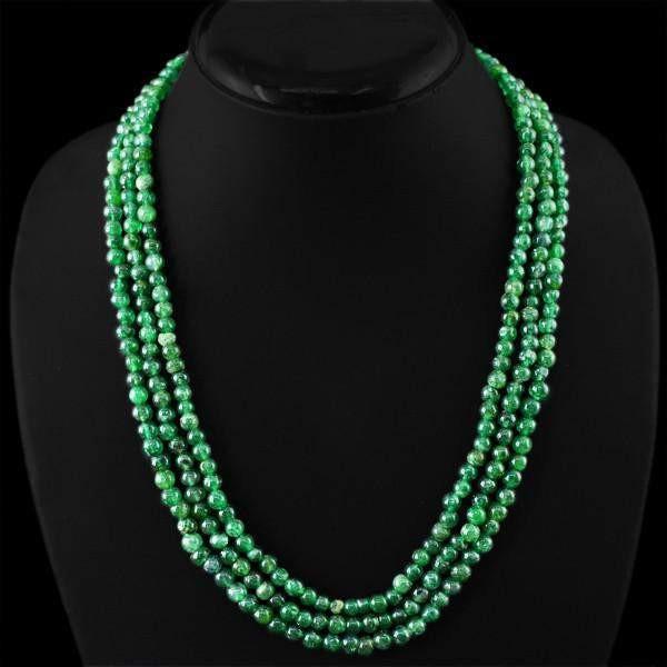 gemsmore:Amazing Natural Green Jade Necklace 3 Strand Round Shape Untreated Beads