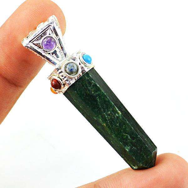 gemsmore:Amazing Natural Green Jade Seven Chakra Healing Point Pendant