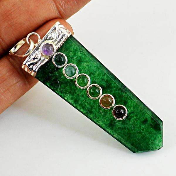 gemsmore:Amazing Natural Green Jade Seven Chakra Healing Wand Pendant