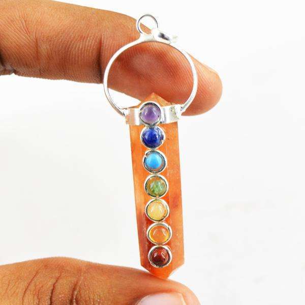 gemsmore:Amazing Natural Orange Aventurine Seven Chakra Healing Point Pendant