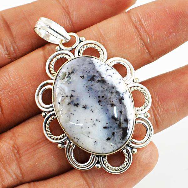 gemsmore:Amazing Natural Oval Shape Dendrite Opal Tibet Silver Pendant