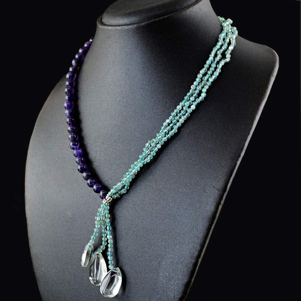 gemsmore:Amazing Natural Purple Amethyst & Blue Apatite Necklace Round Shape Beads