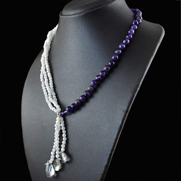 gemsmore:Amazing Natural Purple Amethyst & Blue Flash Moonstone Necklace
