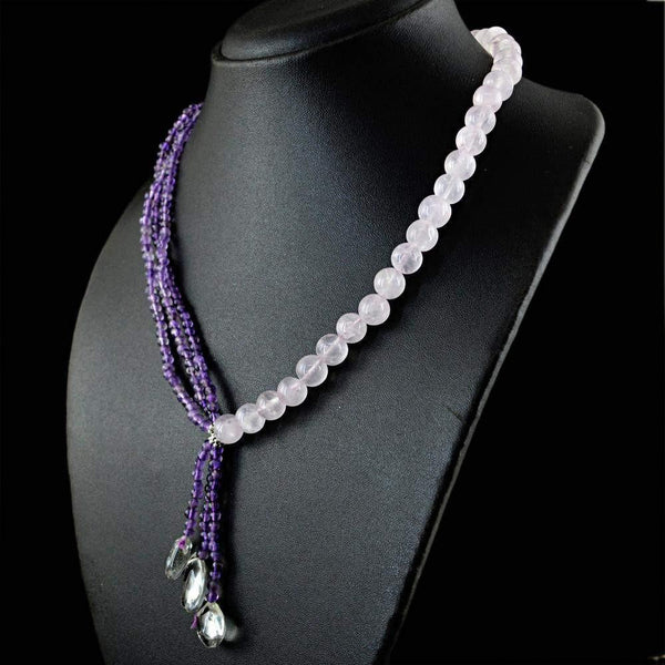 gemsmore:Amazing Natural Purple Amethyst & Pink Rose Quartz Necklace Round Shape Beads