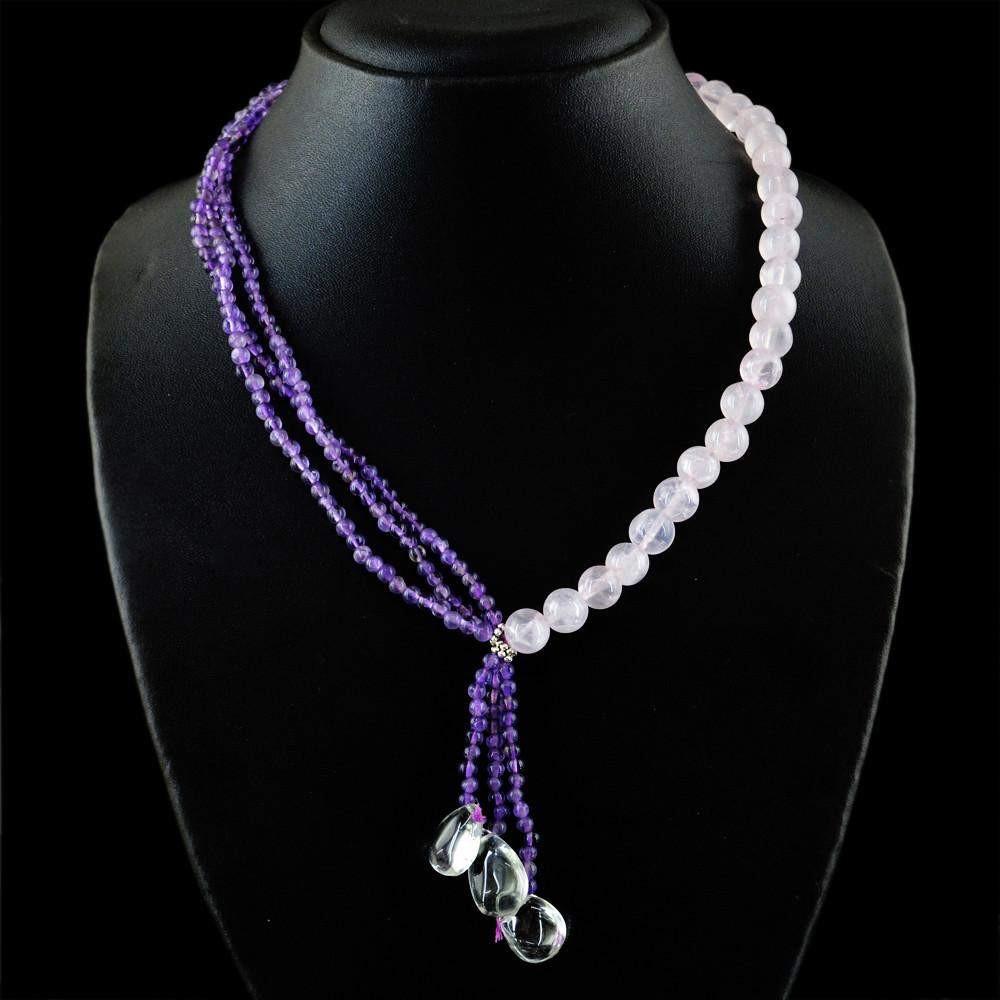 gemsmore:Amazing Natural Purple Amethyst & Pink Rose Quartz Necklace Round Shape Beads