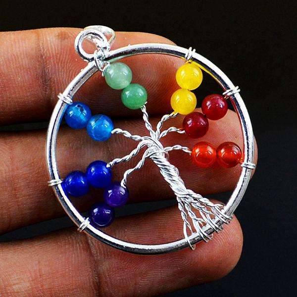 gemsmore:Amazing Natural Round Shape Seven Chakra Healing Tree Pendant