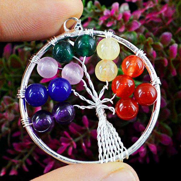 gemsmore:Amazing Natural Round Shape Seven Chakra Healing Tree Pendant