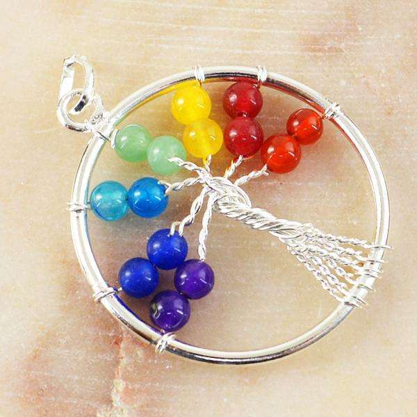 gemsmore:Amazing Natural Round Shape Seven Chakra Healing Tree Pendant