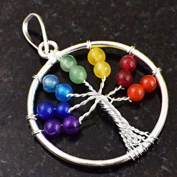 gemsmore:Amazing Natural Round Shape Seven Chakra Healing Tree Pendant