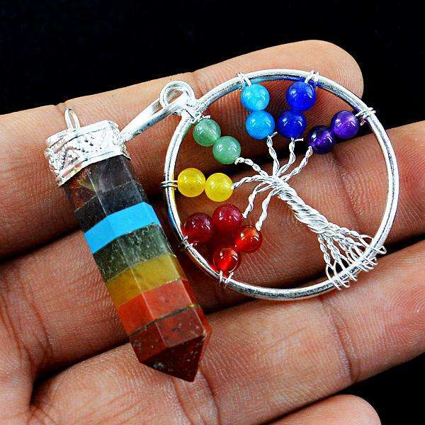 gemsmore:Amazing Natural Seven Chakra Healing Tree Pendant & Point Pendant Set