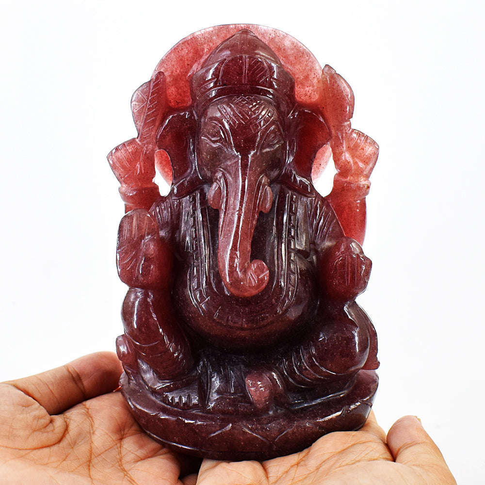 gemsmore:Amazing Natural Strawberry Quartz Hand Carved Lord Ganesha