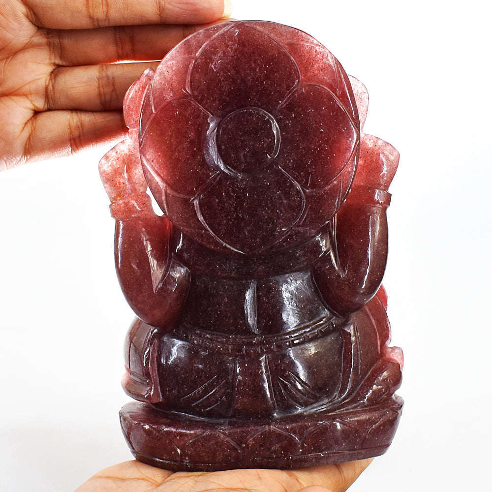 gemsmore:Amazing Natural Strawberry Quartz Hand Carved Lord Ganesha