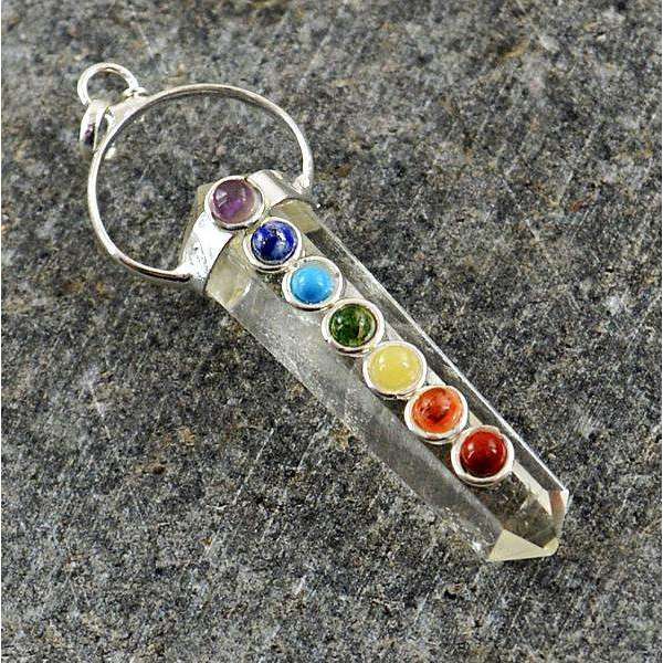 gemsmore:Amazing Natural White Quartz Seven Chakra Healing Point Pendant