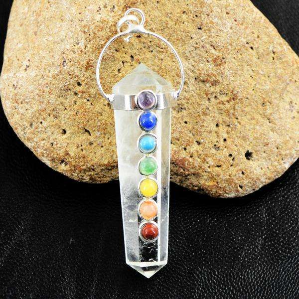 gemsmore:Amazing Natural White Quartz Seven Chakra Healing Point Pendant