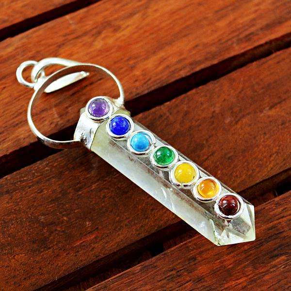 gemsmore:Amazing Natural White Quartz Seven Chakra Healing Point Pendant