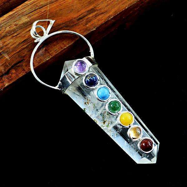 gemsmore:Amazing Natural White Quartz Seven Chakra Healing Point Pendant