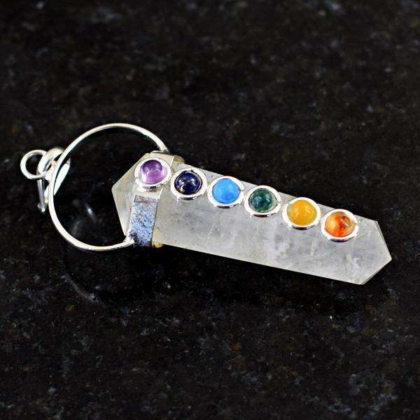 gemsmore:Amazing Natural White Quartz Seven Chakra Healing Point Pendant