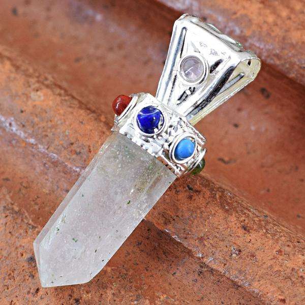 gemsmore:Amazing Natural White Quartz Seven Chakra Healing Point Pendant