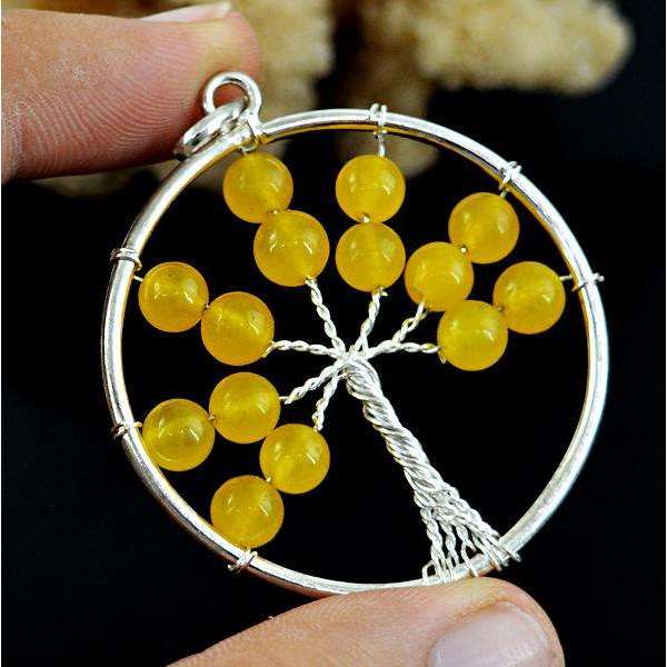 gemsmore:Amazing Natural Yellow Aventurine Round Shape Healing Tree Pendant