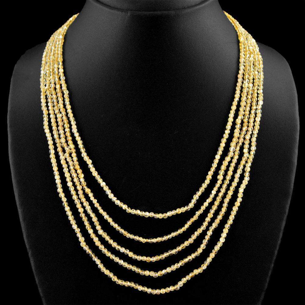 gemsmore:Amazing Natural Yellow Citrine Necklace 5 Line Untreated Beads