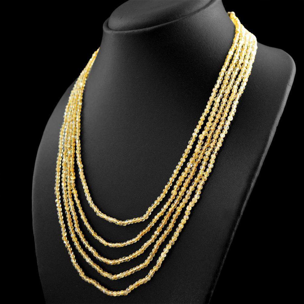 gemsmore:Amazing Natural Yellow Citrine Necklace 5 Line Untreated Beads