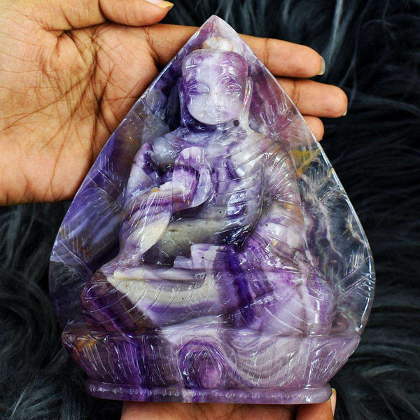 gemsmore:Amazing Picasso Fluorite Hand Carved Genuine Crystal Gemstone Carving Massive Leaf Palm Lord Buddha