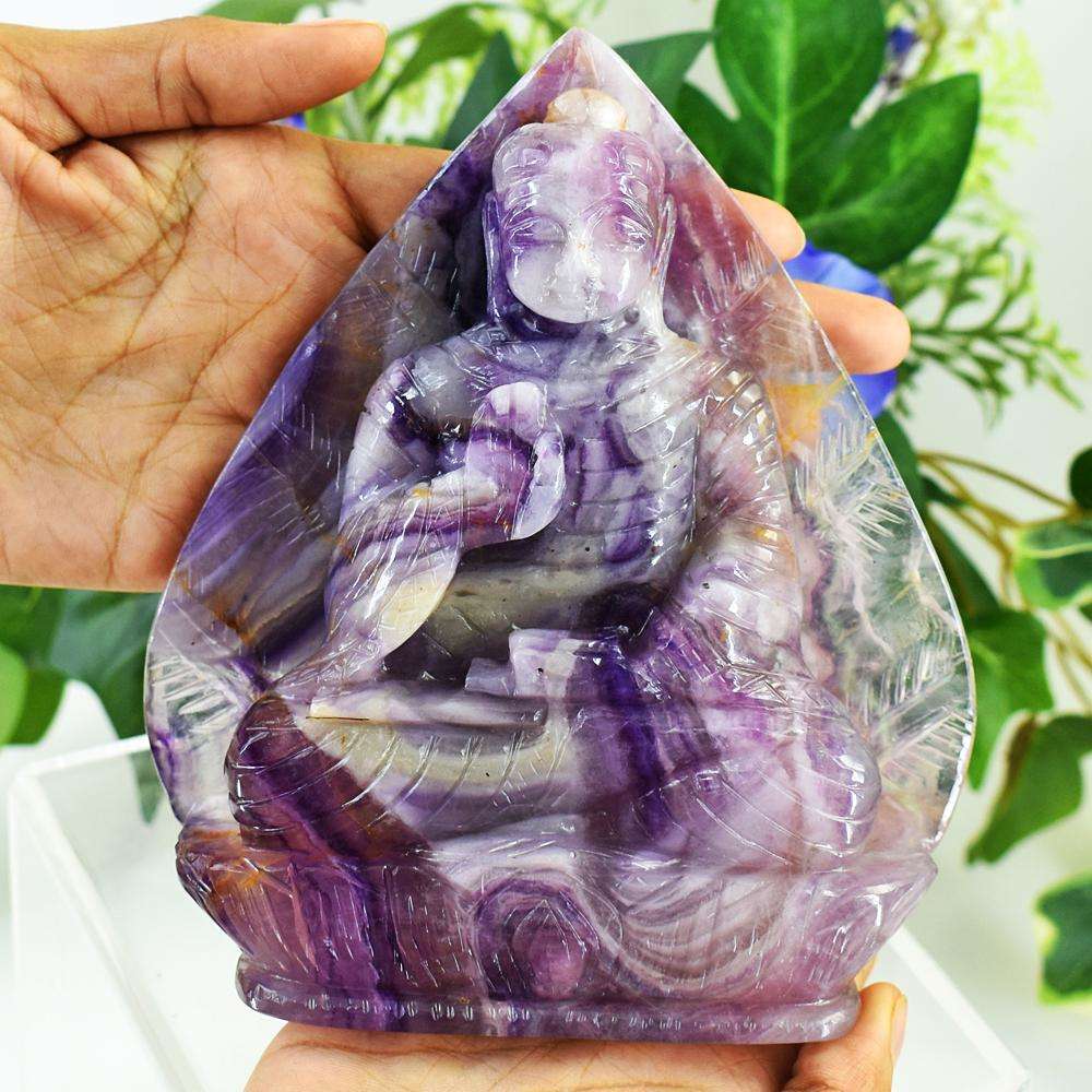 gemsmore:Amazing Picasso Fluorite Hand Carved Genuine Crystal Gemstone Carving Massive Leaf Palm Lord Buddha