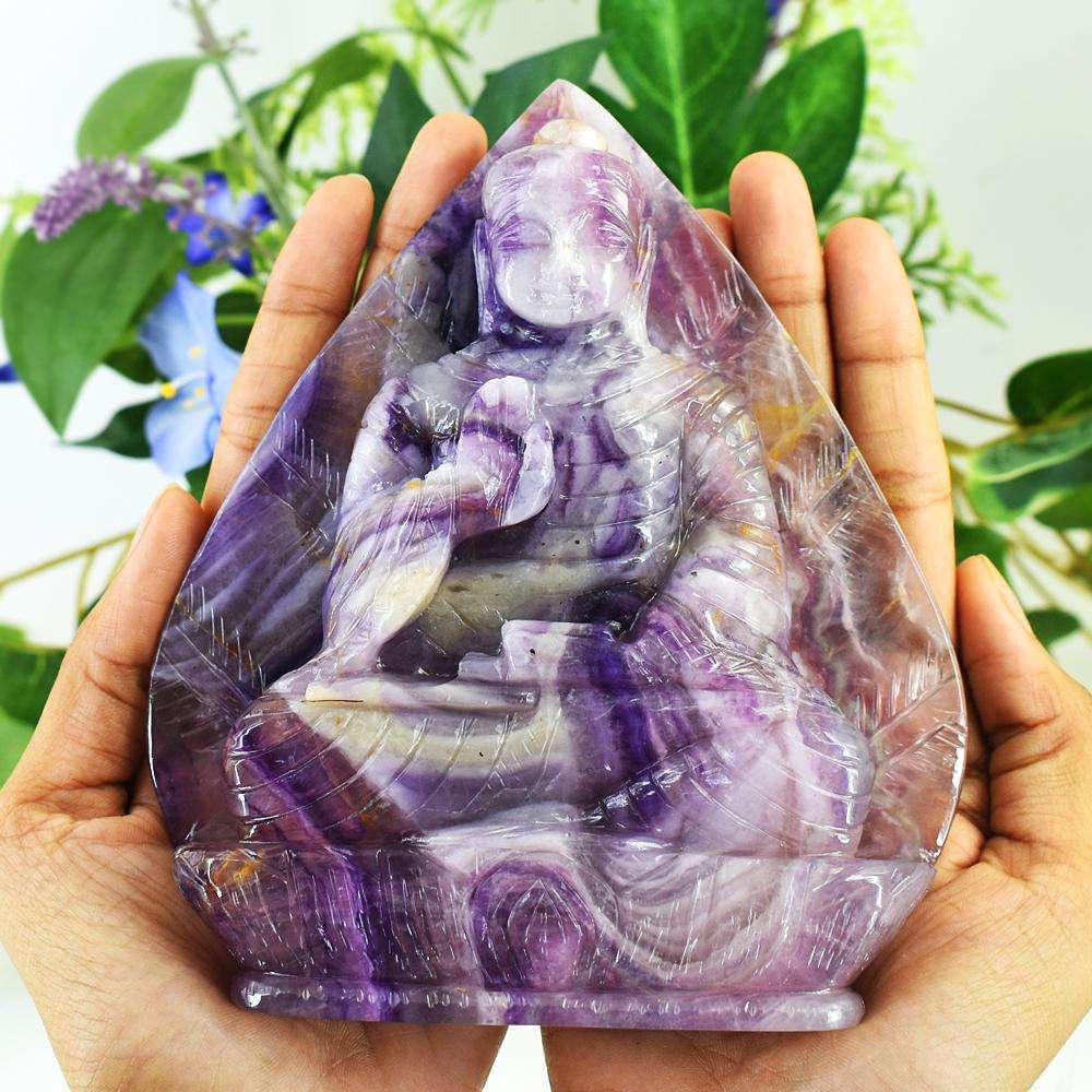 gemsmore:Amazing Picasso Fluorite Hand Carved Genuine Crystal Gemstone Carving Massive Leaf Palm Lord Buddha