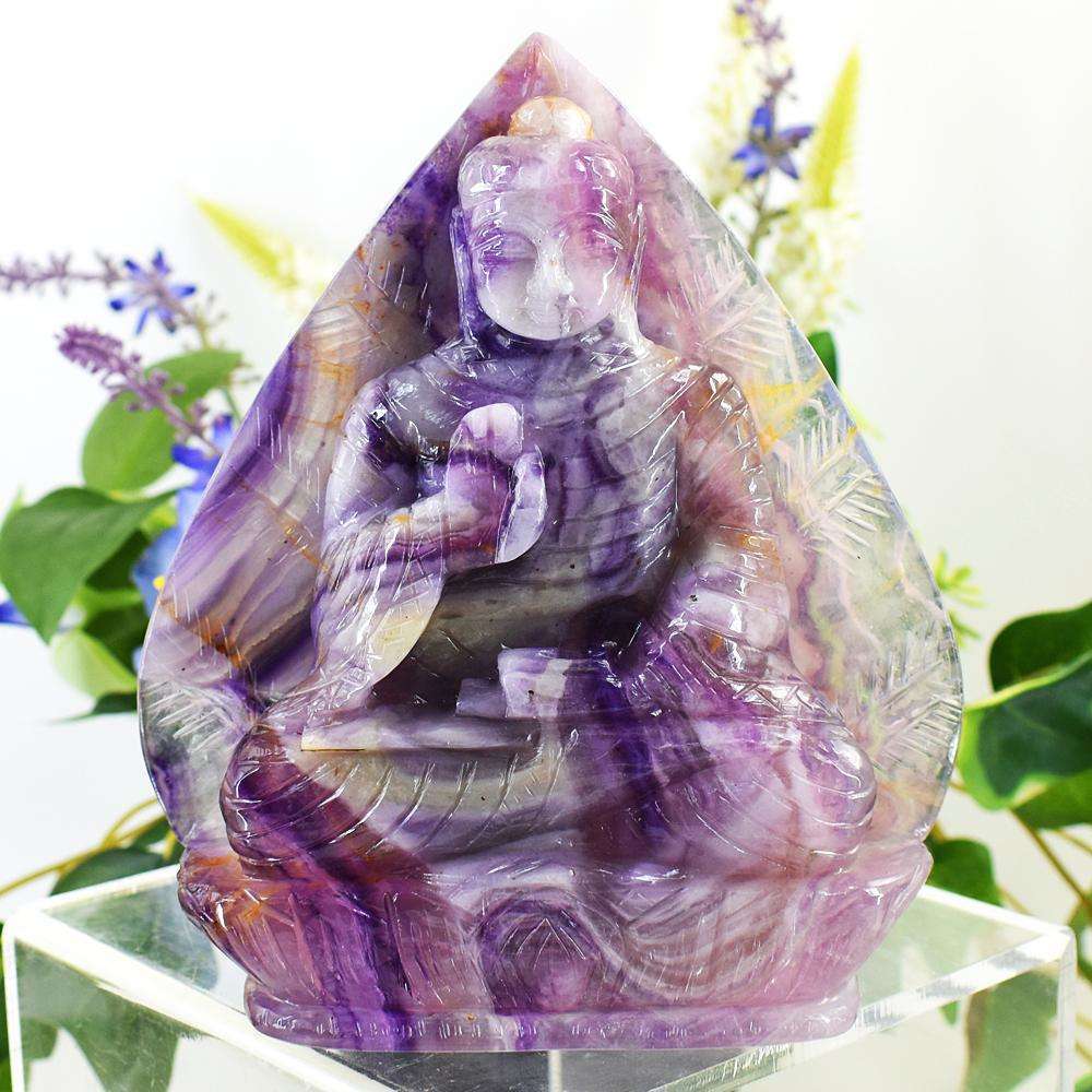 gemsmore:Amazing Picasso Fluorite Hand Carved Genuine Crystal Gemstone Carving Massive Leaf Palm Lord Buddha