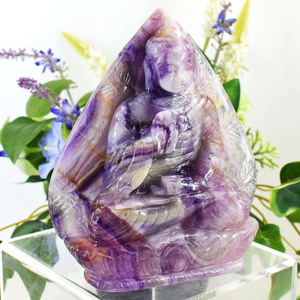 gemsmore:Amazing Picasso Fluorite Hand Carved Genuine Crystal Gemstone Carving Massive Leaf Palm Lord Buddha