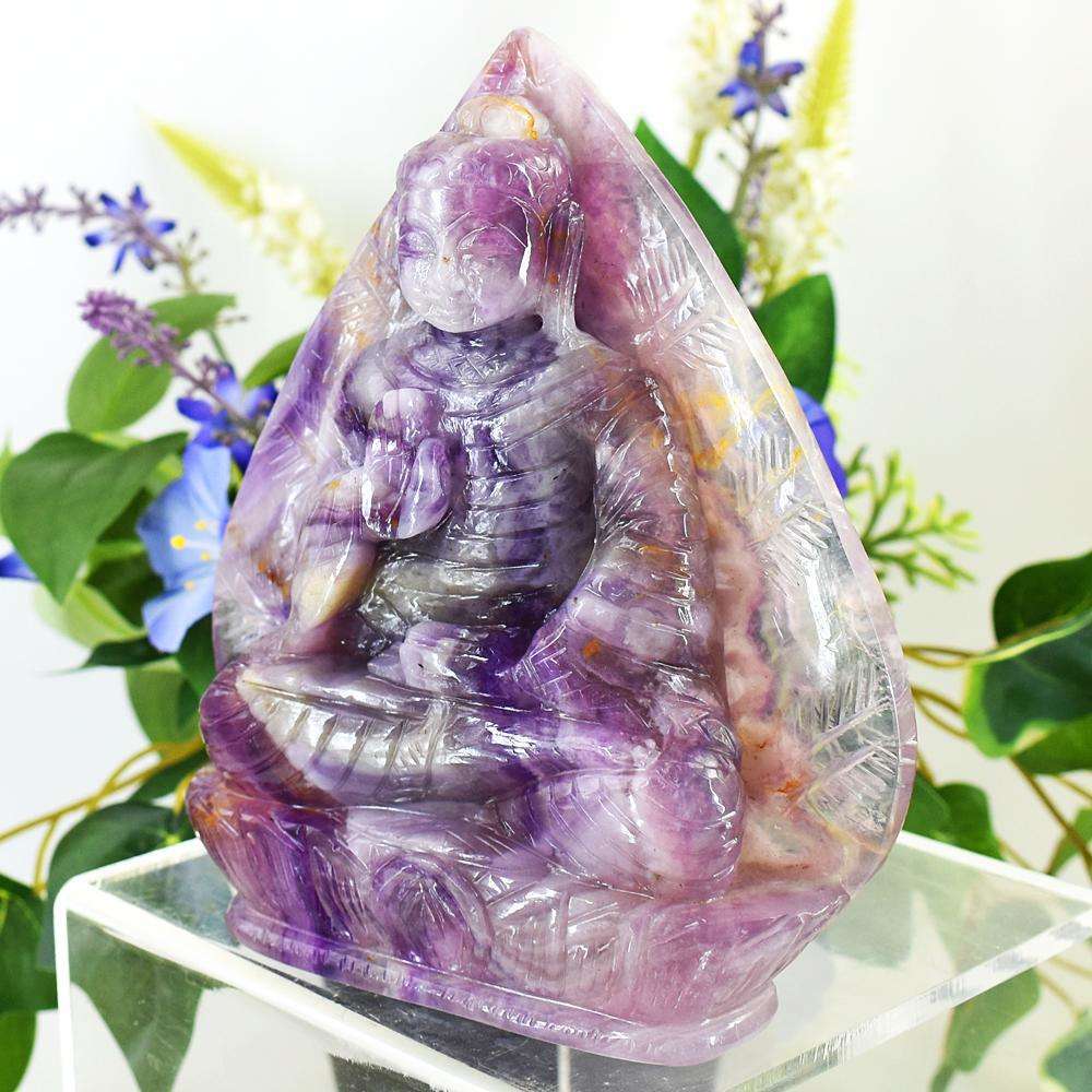 gemsmore:Amazing Picasso Fluorite Hand Carved Genuine Crystal Gemstone Carving Massive Leaf Palm Lord Buddha