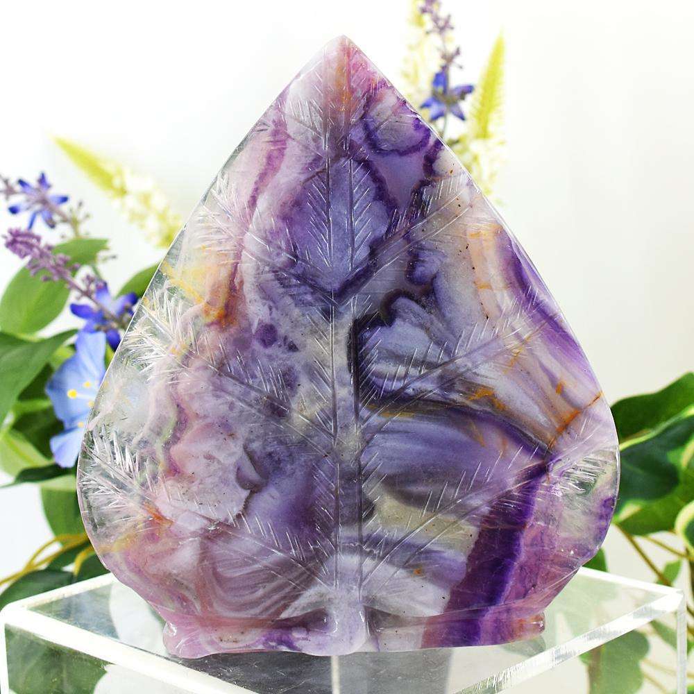 gemsmore:Amazing Picasso Fluorite Hand Carved Genuine Crystal Gemstone Carving Massive Leaf Palm Lord Buddha