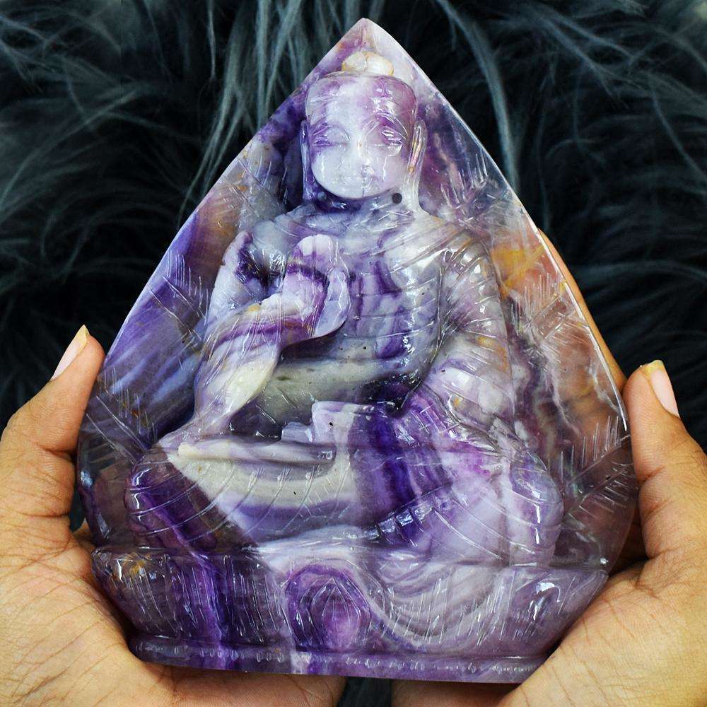 gemsmore:Amazing Picasso Fluorite Hand Carved Genuine Crystal Gemstone Carving Massive Leaf Palm Lord Buddha