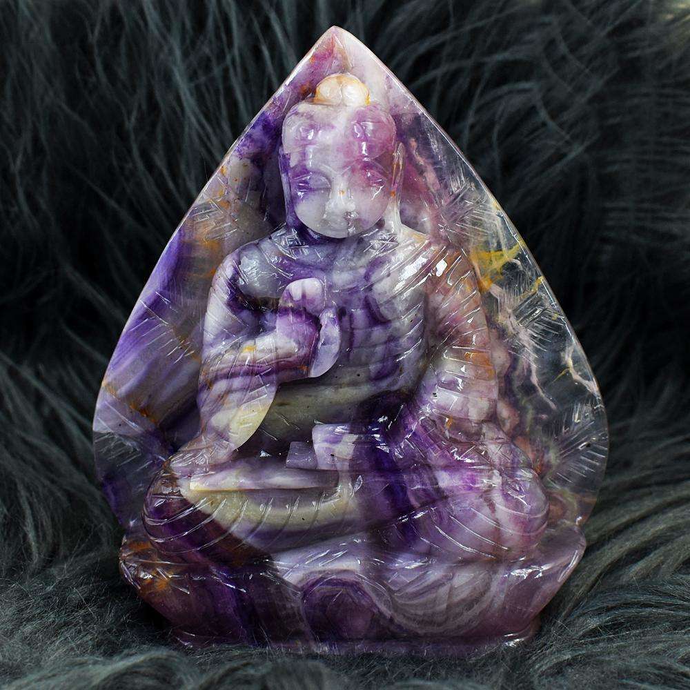 gemsmore:Amazing Picasso Fluorite Hand Carved Genuine Crystal Gemstone Carving Massive Leaf Palm Lord Buddha
