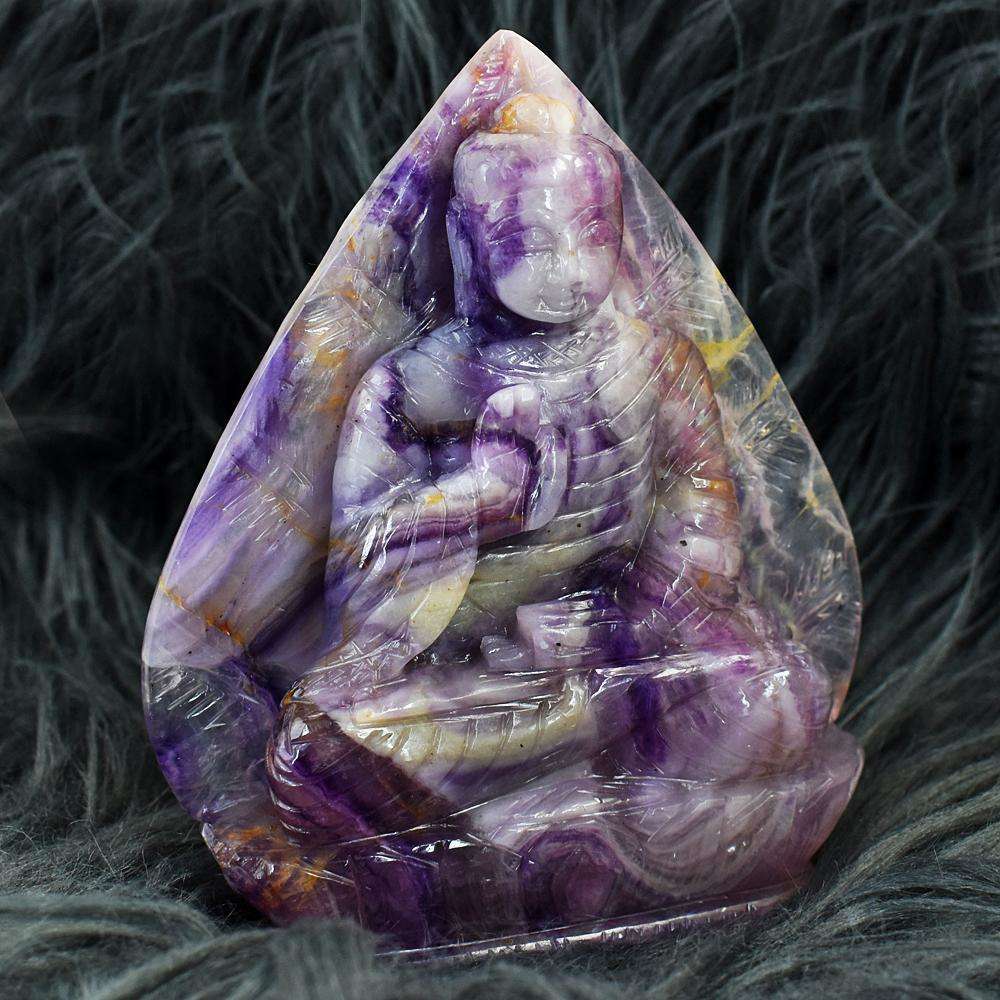 gemsmore:Amazing Picasso Fluorite Hand Carved Genuine Crystal Gemstone Carving Massive Leaf Palm Lord Buddha