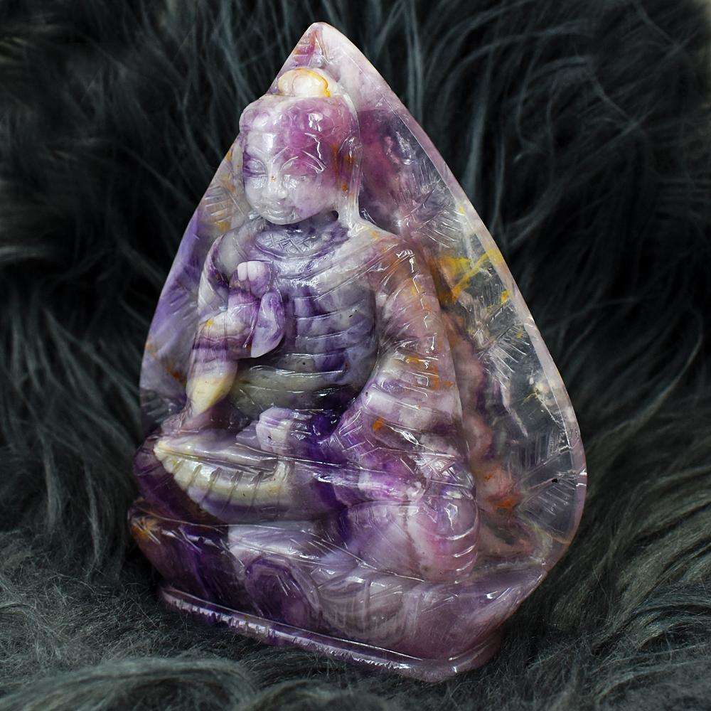 gemsmore:Amazing Picasso Fluorite Hand Carved Genuine Crystal Gemstone Carving Massive Leaf Palm Lord Buddha