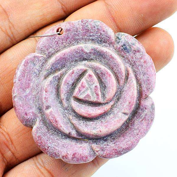 gemsmore:Amazing Pink Rhodonite Hand Carved Flower Rose Drilled Gemstone