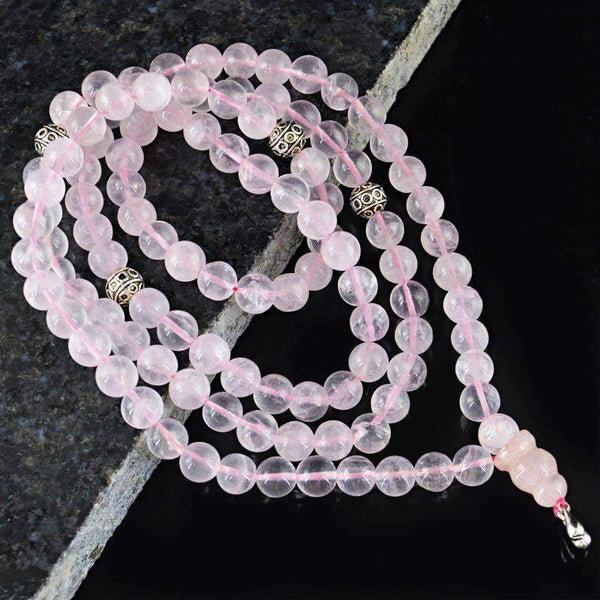 gemsmore:Amazing Pink Rose Quartz Prayer Mala Natural 108 Round Beads Necklace