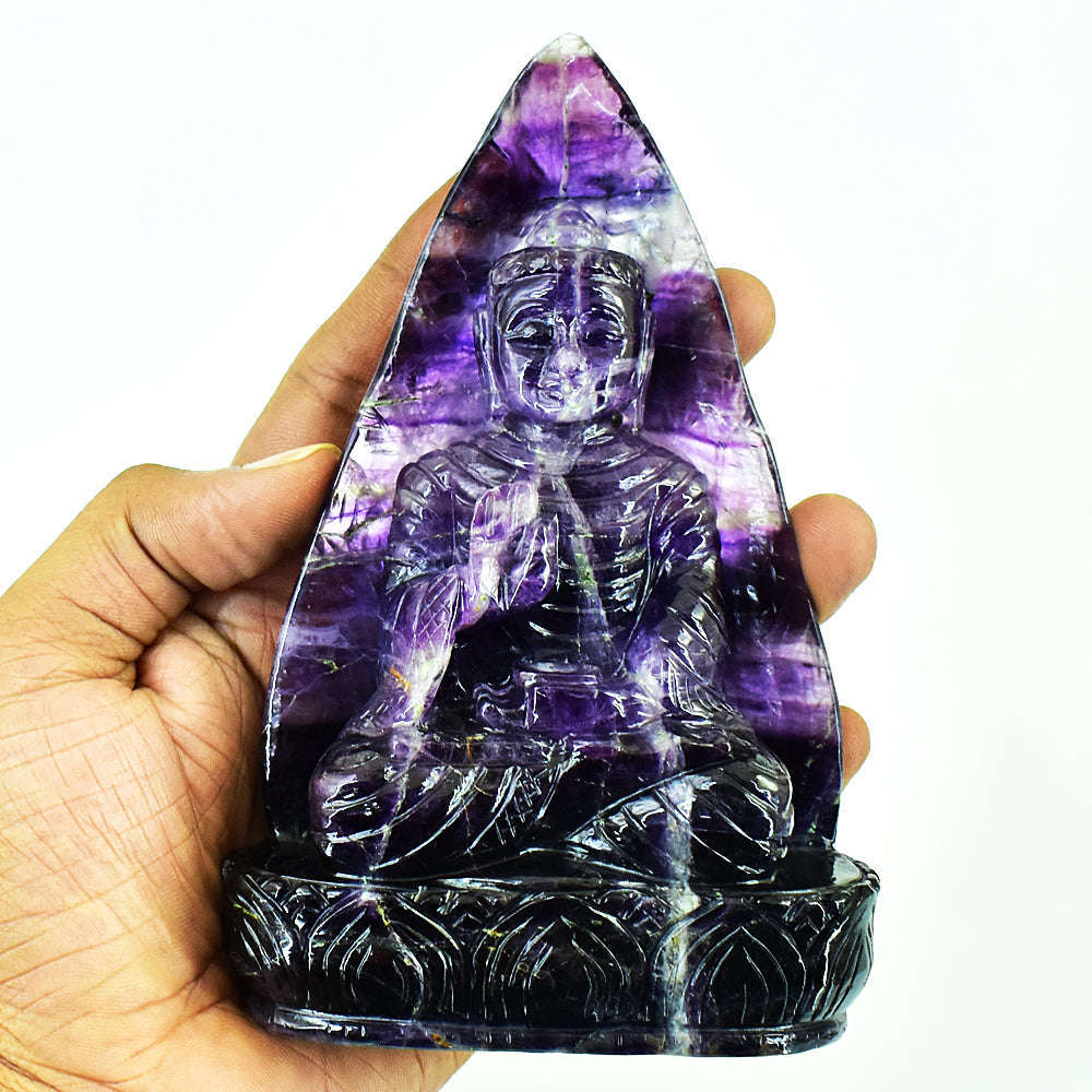 gemsmore:Amazing Purple Fluorite Hand Carved Genuine Crystal Gemstone Carving Leaf Palm Lord Buddha