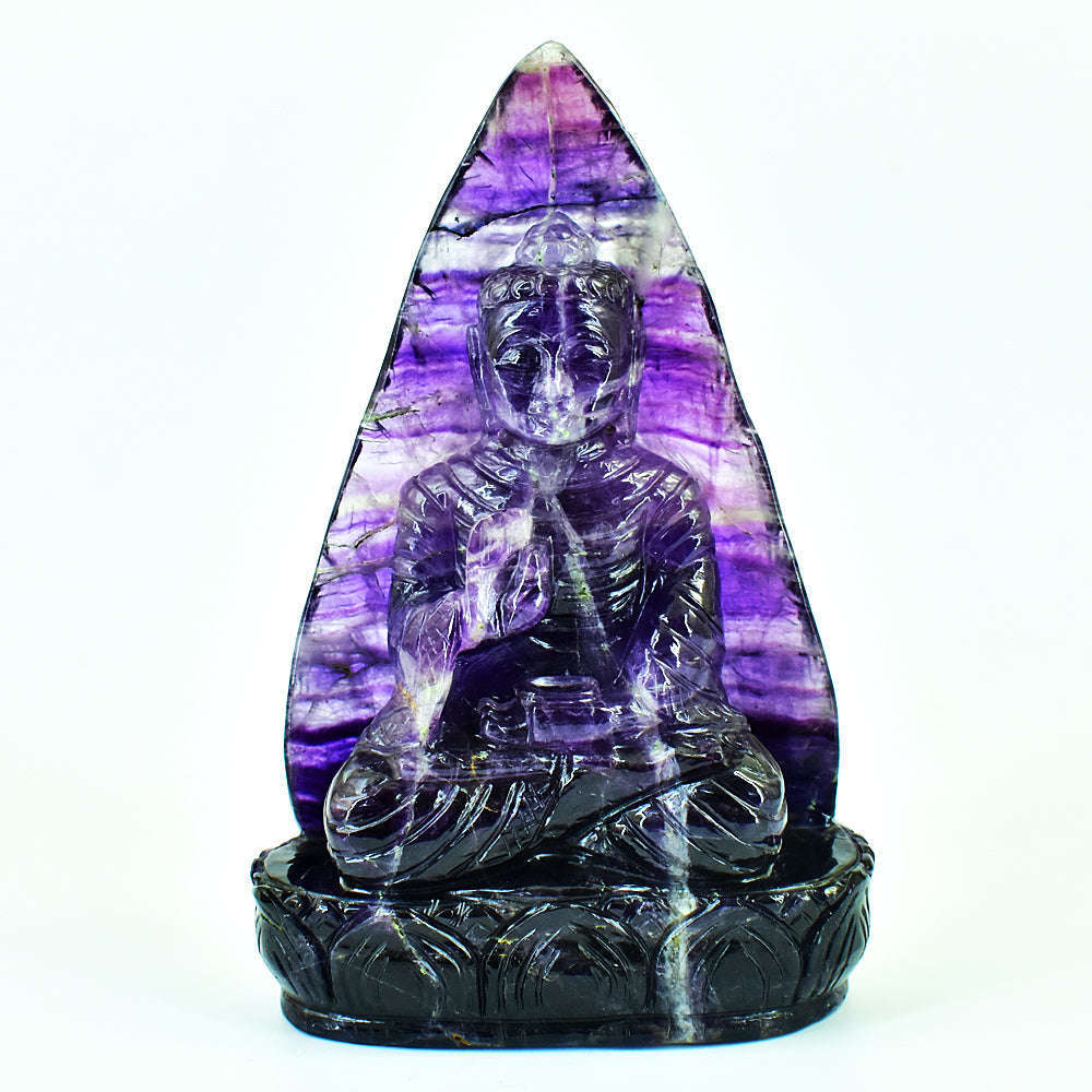 gemsmore:Amazing Purple Fluorite Hand Carved Genuine Crystal Gemstone Carving Leaf Palm Lord Buddha