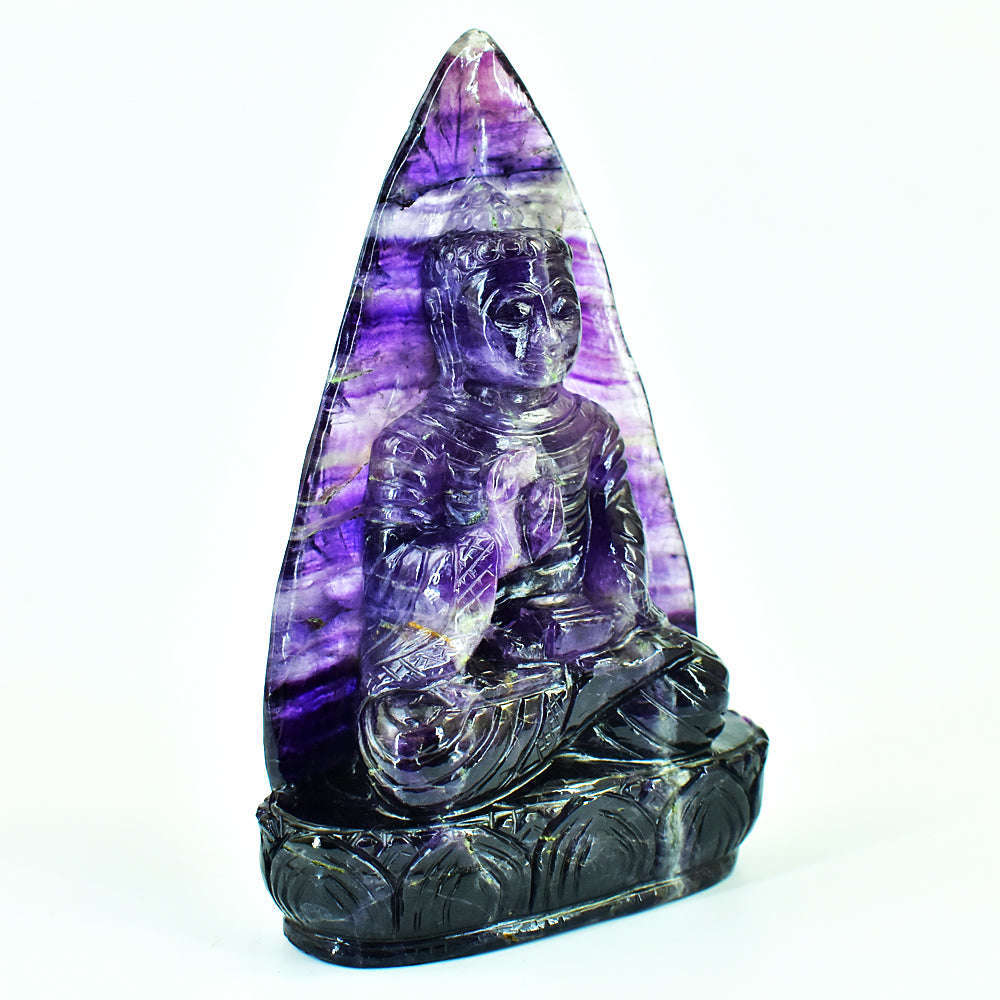 gemsmore:Amazing Purple Fluorite Hand Carved Genuine Crystal Gemstone Carving Leaf Palm Lord Buddha