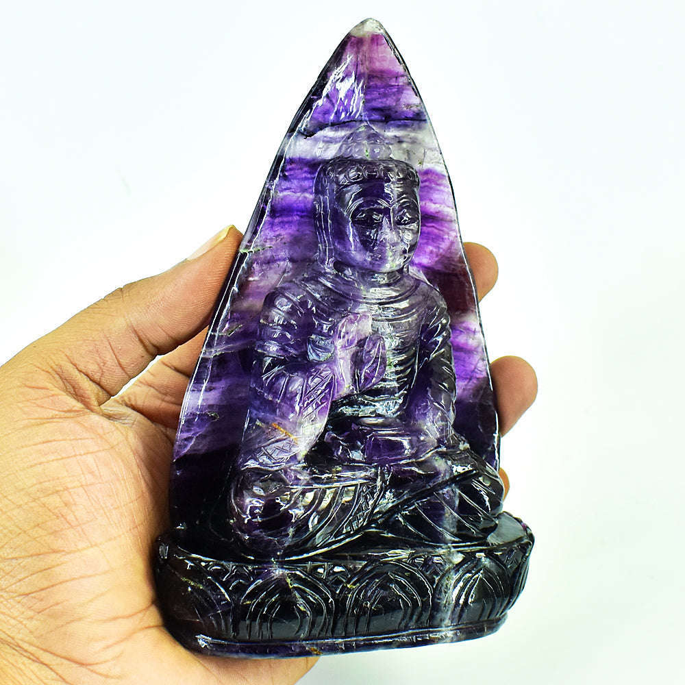 gemsmore:Amazing Purple Fluorite Hand Carved Genuine Crystal Gemstone Carving Leaf Palm Lord Buddha