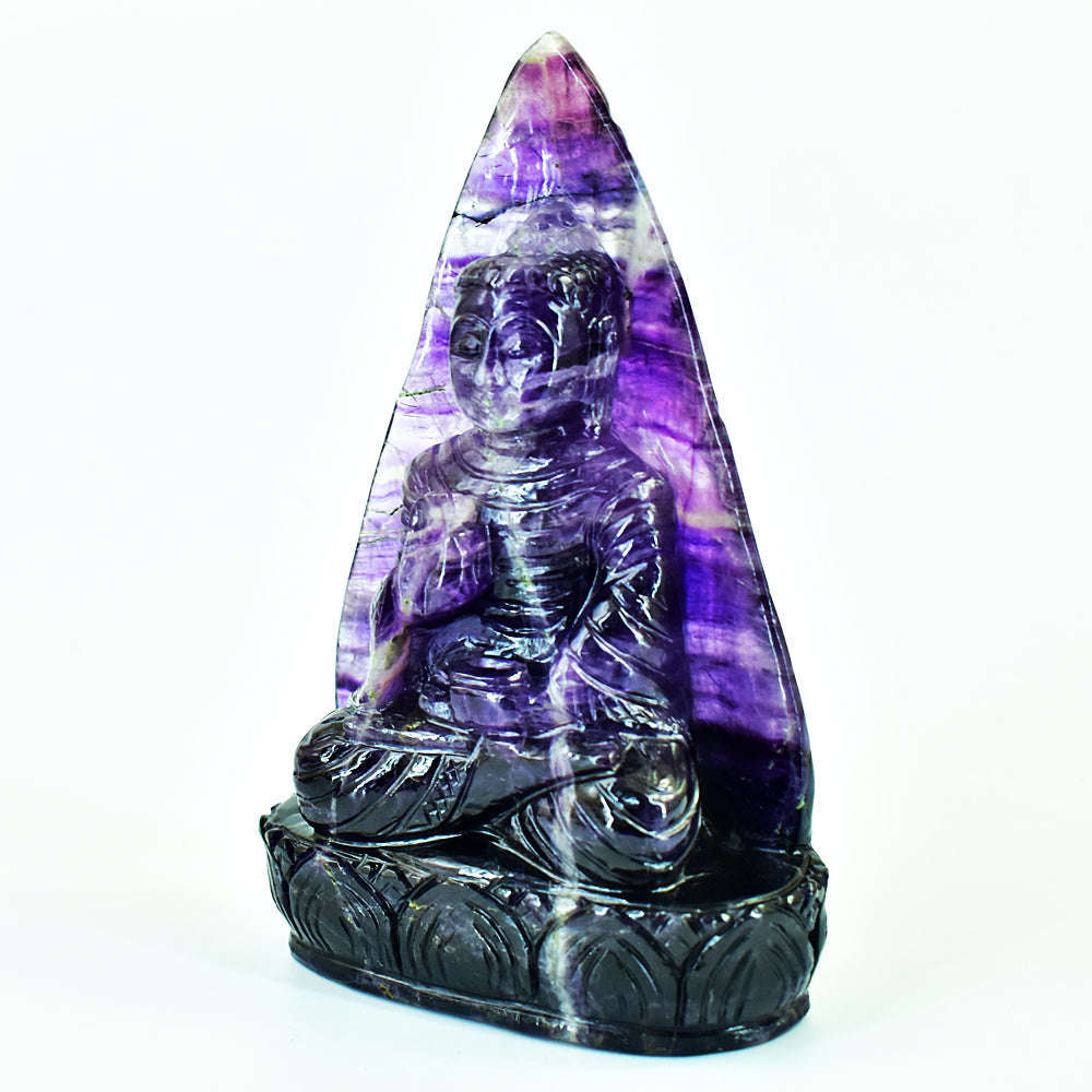 gemsmore:Amazing Purple Fluorite Hand Carved Genuine Crystal Gemstone Carving Leaf Palm Lord Buddha