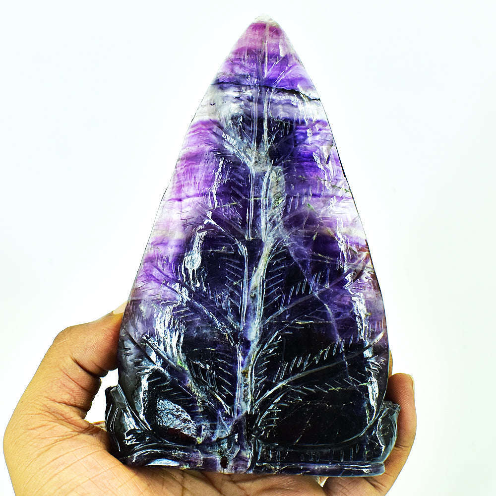 gemsmore:Amazing Purple Fluorite Hand Carved Genuine Crystal Gemstone Carving Leaf Palm Lord Buddha