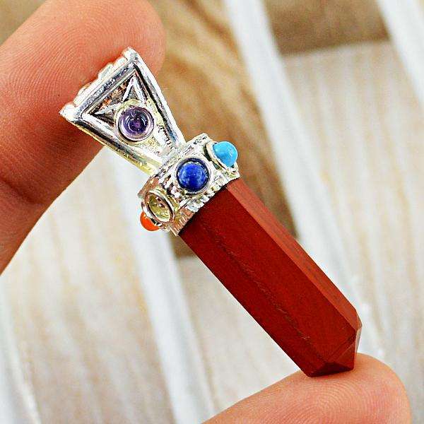 gemsmore:Amazing Red Jasper Seven Chakra Crystal Healing Point Pendant