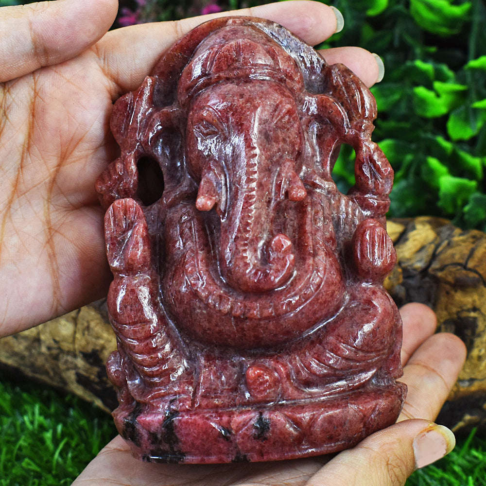 gemsmore:Amazing Rhodonite Hand Carved Genuine Crystal Gemstone Carving Lord Ganesha