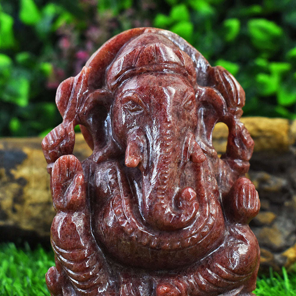 gemsmore:Amazing Rhodonite Hand Carved Genuine Crystal Gemstone Carving Lord Ganesha